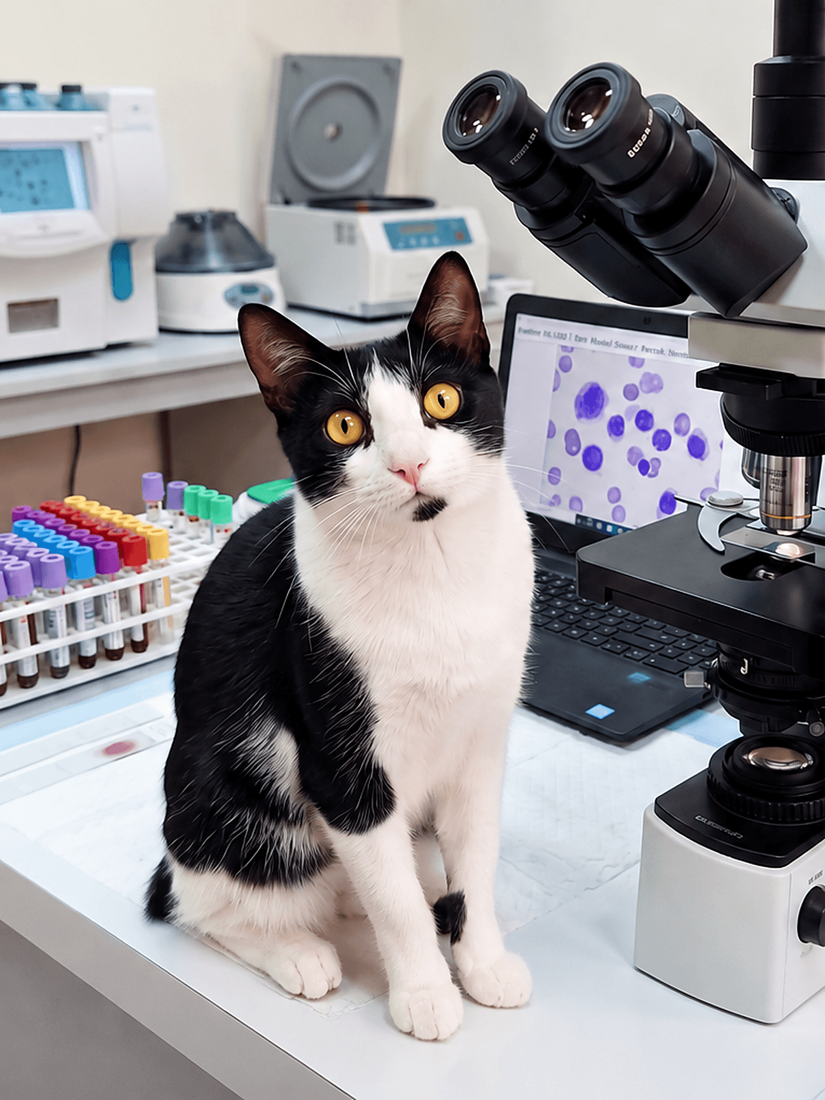 Entorno de laboratorio clínico veterinario con equipos de análisis